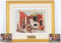 Edward Lehman Signed Framed 16"x20" Watercolor Print of JFKs Whitehouse Red Room With a Swatch of Red Silk Wallpaper (Lot of 3)