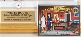 Edward Lehman Signed Framed 16x20 Watercolor Print of JFK's Whitehouse Red Room With a Swatch of Red Silk Wallpaper (Lot of 3)