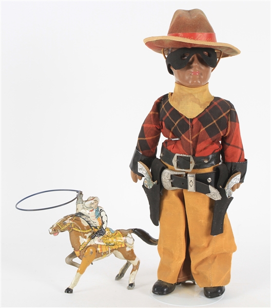 1930s-40s The Lone Ranger 16" Figure and Wind Up Hi-Yo Silver Lariat Toy - Lot of 2