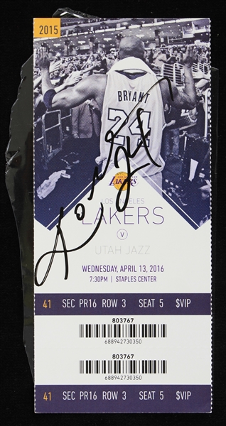 2016 (April 13) Kobe Bryant Los Angeles Lakers Signed Final Game Full Ticket *JSA Full Letter*