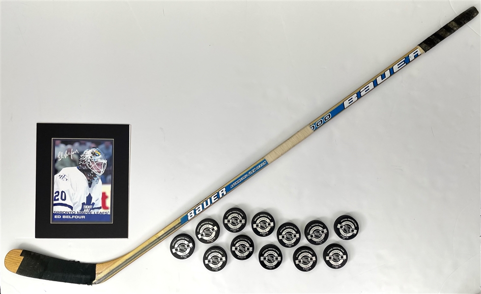 1990s-2000s Hockey Memorabilia Collection - Lot of 18 w/ Bauer Hockey Stick, 11" x 14" Matted Ed Balfour Lithograph, Practice Pucks & More