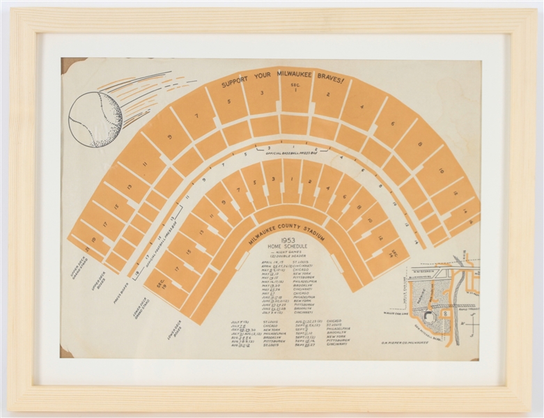 1953 Milwaukee Braves Inaugural Season 13" x 17" Framed Milwaukee County Stadium Seat Map Schedule Placemat