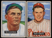 1951 Robin Roberts Philadelphia Phillies #3 and Ted Kluszewski Cincinnati Reds #143 Bowman Gum Baseball Trading Cards (Lot of 2)