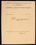1965 Warren Spahn San Francisco Giants National League Waiver Request Bulletin