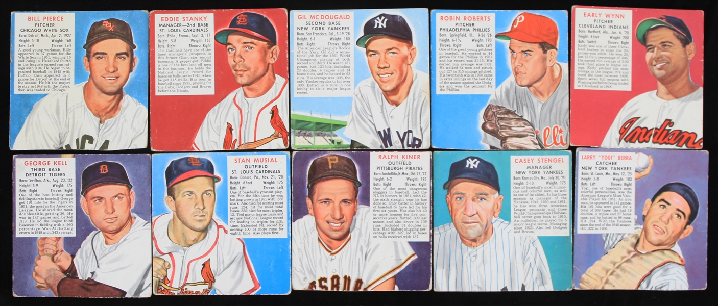 1952 Yogi Berra Casey Stengel New York Yankees Stan Musial St. Louis Cardinals Ralph Kiner Pittsburgh Pirates and More Red Man Chewing Tobacco 3.5"x4" Trading Cards (Lot of 10)