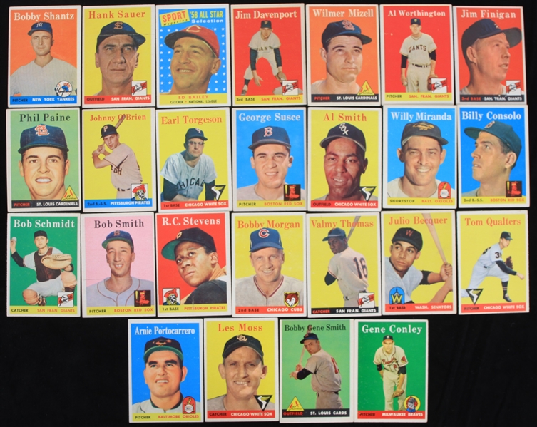 1958 Gene Conley Milwaukee Braves Bobby Morgan Chicago Cubs Al Smith Chicago White Sox Bobby Shantz New York Yankees Ed Bailey Cincinnati Reds and More Topps Trading Cards (Lot of 25)