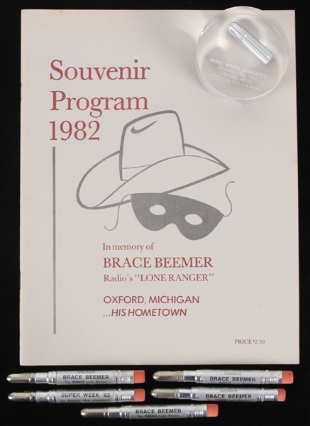 1982 Brace Beemer Radios "Lone Ranger" Souvenir Program Dedication Erasers and Dedication Encased Prop Bullet (Lot of 7)