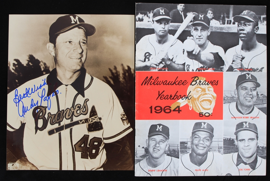 1953-1964 Andy Pafko (d.2013) Milwaukee Braves Autographed 8"x10" B&W Photo and 1964 Milwaukee Braves Yearbook (JSA)(Lot of 2)