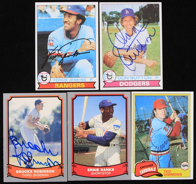 1979-1988 Fergie Jenkins Texas Rangers Ernie Banks Chicago Cubs and More Autographed Baseball Trading Cards (JSA)(Lot of 5)