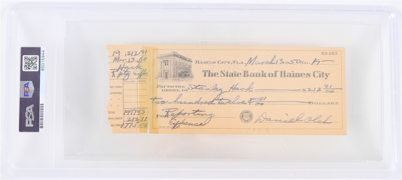 1950 Stanley Hack (d.1979) Chicago Cubs Endorsed Check (PSA Slabbed)