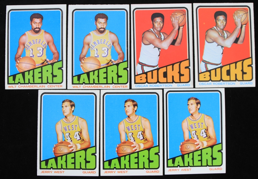 1972-73 Jerry West and Wilt Chamberlin Los Angeles Lakers and Oscar Robertson Milwaukee Bucks Topps Trading Cards (Lot of 7)