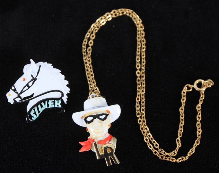 1980 Lone Ranger Necklance and Silver The Horse Lapel Pin (Lot of 2)
