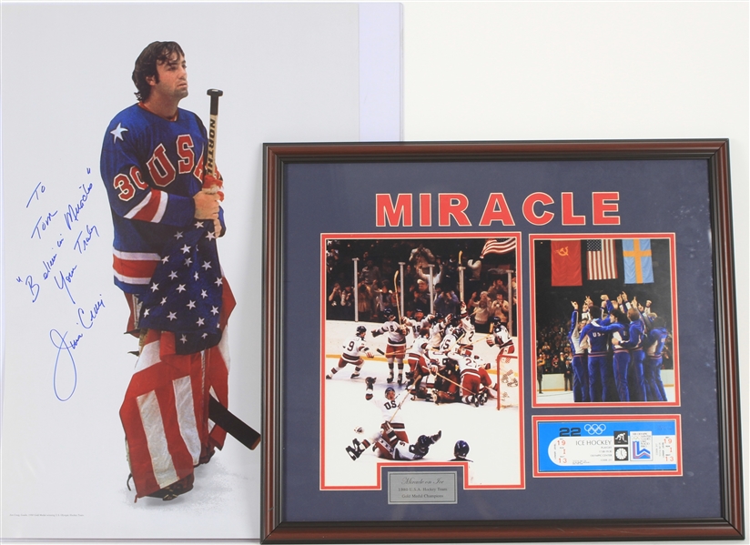 1980 USA Olympic Hockey 22" x 26" Framed Miracle Display + 20" x 30" Photo Signed & Inscribed by Goalie Jim Craig - Lot of 2 (JSA)