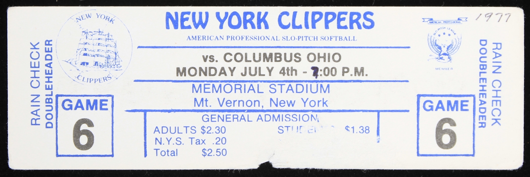1977 New York Clippers Professional Slo-Pitch Softball Ticket