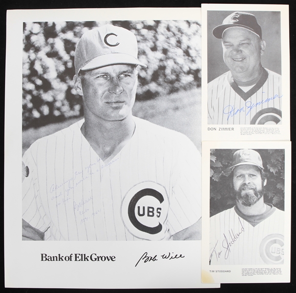 1957-1984 Bob Will and Tim Stoddard Chicago Cubs Autographed 3x5 and 8x10 B&W Photos (Lot of 3) (JSA)