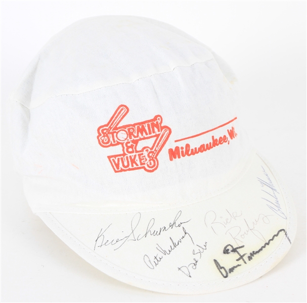 1980s Multi Signed Stormin & Vukes Bar Hat w/ 6 Signatures Including Pete Vuckovich, Charlie Moore, Bruce Froemming, Rick Roufus & More (JSA)