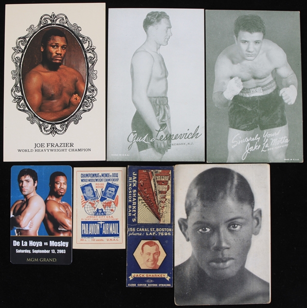 1940s-2000s Boxing Memorabilia Collection - Lot of 7 w/ Exhibit Cards, Photos, Match Book, Stamp & Room Key