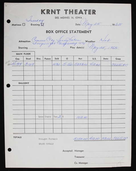 1965 Muhammad Ali Sonny Liston World Heavyweight Championship KRNT Theater Closed Circuit Box Office Statement