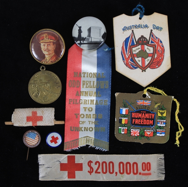 1910s-1920s Miltary Red Cross and Pilgrimage Pinback Buttons Ribbons and Tags (Lot of 9)