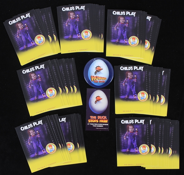1985-2020s Ed Gale "Chucky" Childs Play Custom Trading Cards - Lot of 75+ w/ Howard the Duck Pinback & Decal