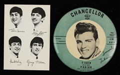 1959-60s The Beatles Facsimile Signed Card & Fabian 3.5" Tiger Pinback Button
