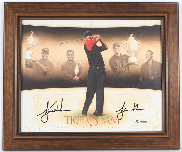 2001 Tiger Woods Signed 21" x 25" Framed Tiger Slam Canvas Lithograph (Upper Deck Authentication) 23/50
