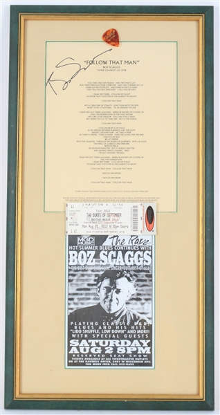 2012 Boz Scaggs 13" x 25" Framed Display w/ Ticket, Hand Bill, Guitar Pick and Signed Lyric Sheet (JSA)