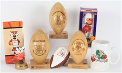 1990s-2000s Wisconsin Badgers Memorabilia Collection - Lot of 8 w/ Bobblehead, Wooden Rose Bowl Football Displays & More