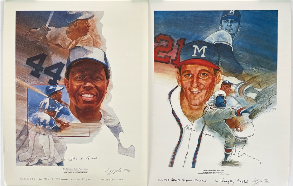 1984-87 Hank Aaron Warren Spahn Milwaukee Braves Signed 18" x 24" Decathlon Sports Prints - Lot of 2 (JSA)