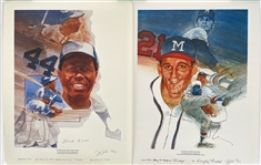 1984-87 Hank Aaron Warren Spahn Milwaukee Braves Signed 18" x 24" Decathlon Sports Prints - Lot of 2 (JSA)