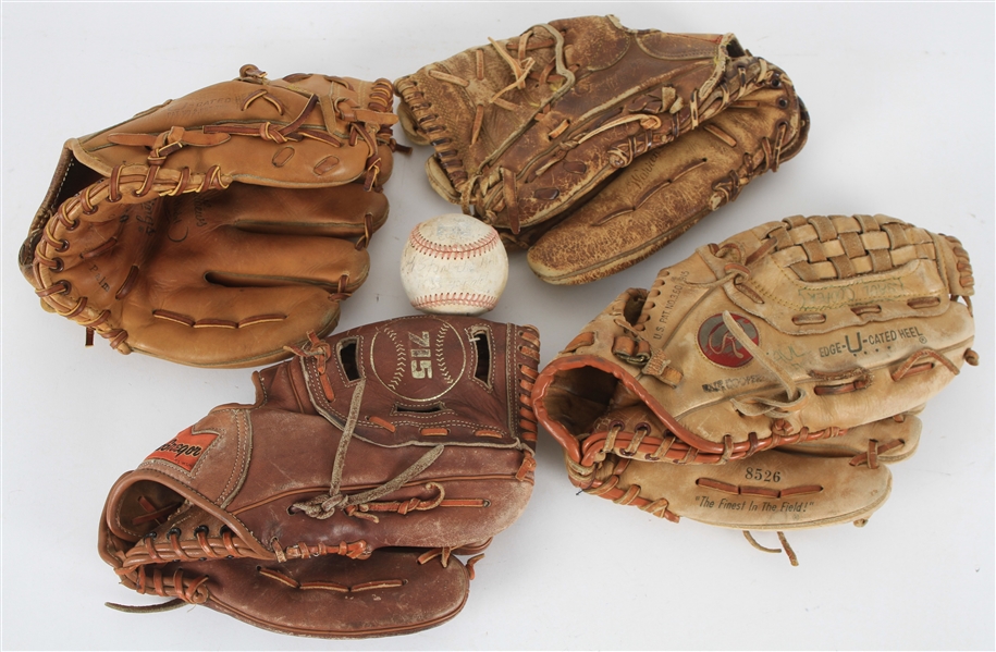 1970s-80s Player Endorsed Store Model Mitts - Lot of 4 w/ Hank Aaron 715 Home Run King, Eddie Mathews, Warren Spahn & Robin Yount