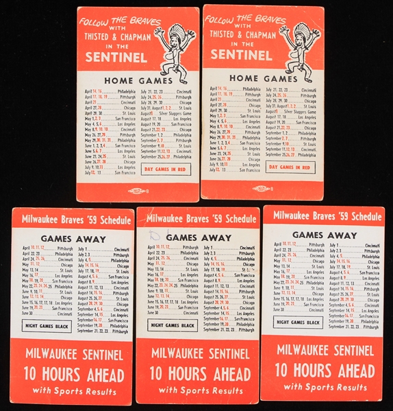 1959 Milwaukee Braves Pocket Schedules - Lot of 5