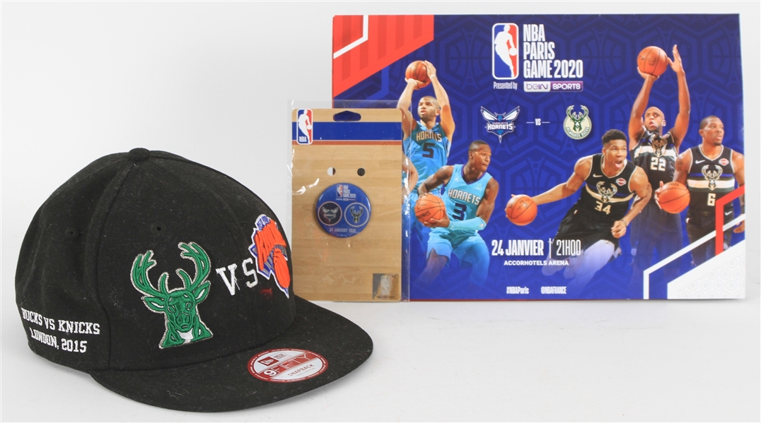 2015-20 Milwaukee Bucks London & Paris Games Memorabilia - Lot of 3 w/ Cap, MOC Pin and Roster Sheet