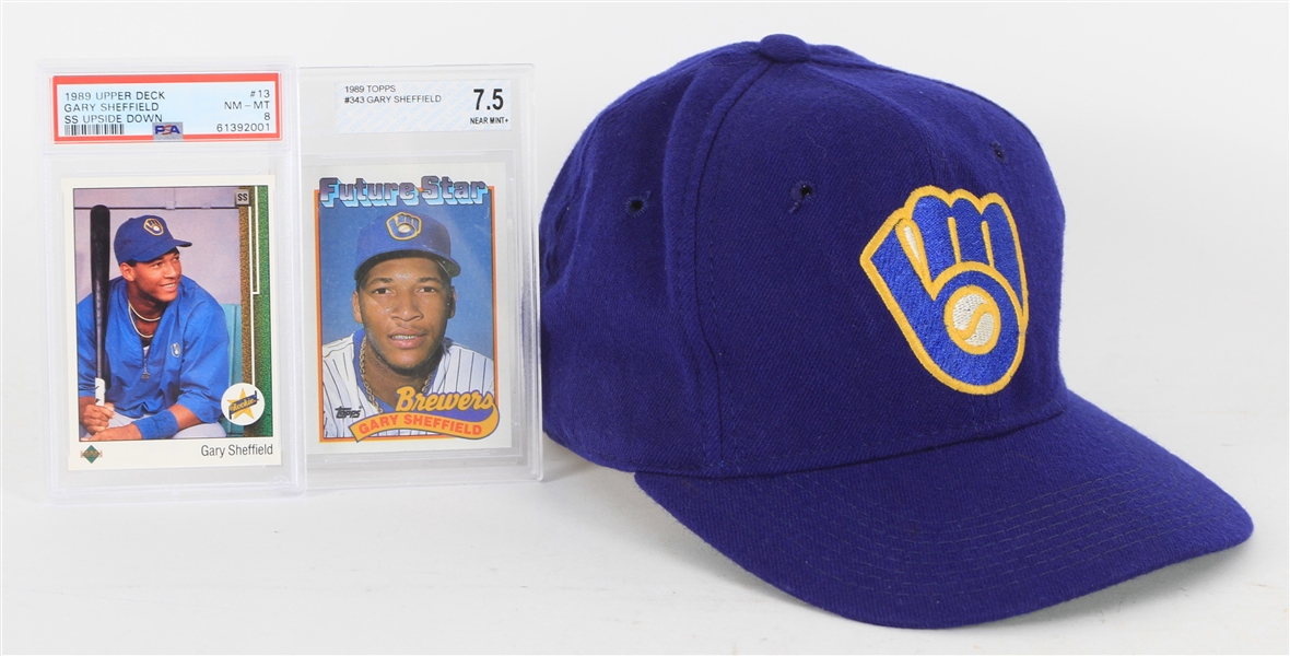 1990-91 Gary Sheffield Milwaukee Brewers Signed Cap & Slabbed Rookie Baseball Trading Cards - Lot of 3 (MEARS LOA)
