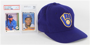 1990-91 Gary Sheffield Milwaukee Brewers Signed Cap & Slabbed Rookie Baseball Trading Cards - Lot of 3 (MEARS LOA)