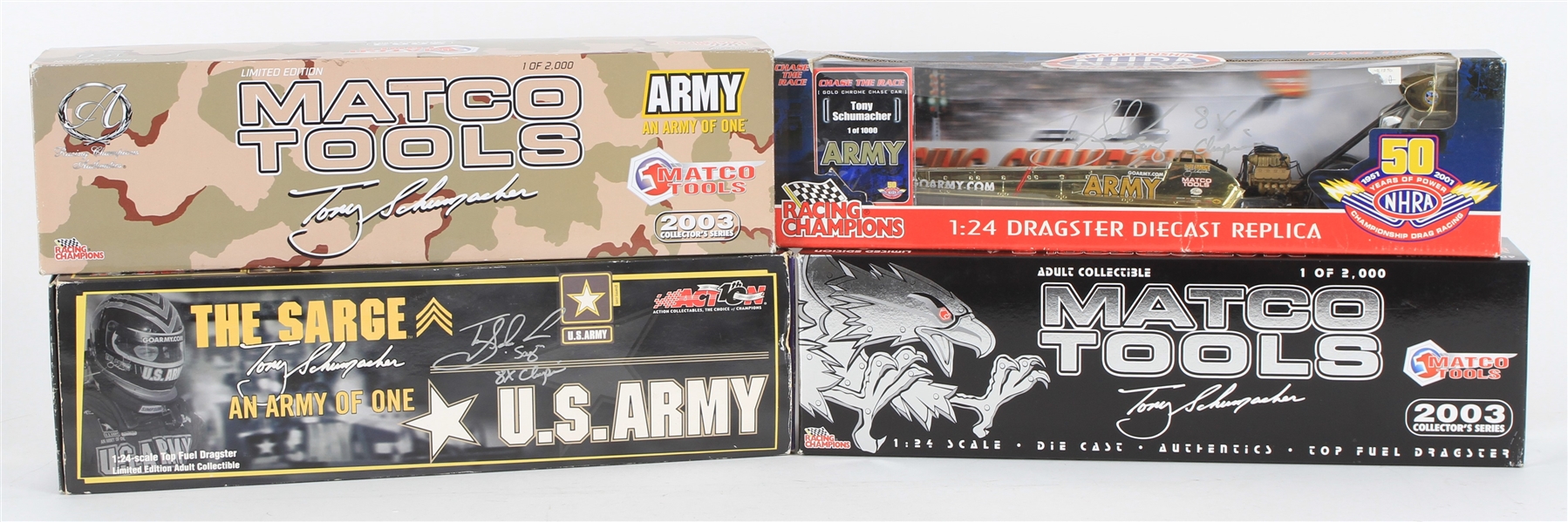 2001-03 Tony Schumacher MIB US Army Scale Model Dragsters - Lot of 4 w/ 2 Signed 
