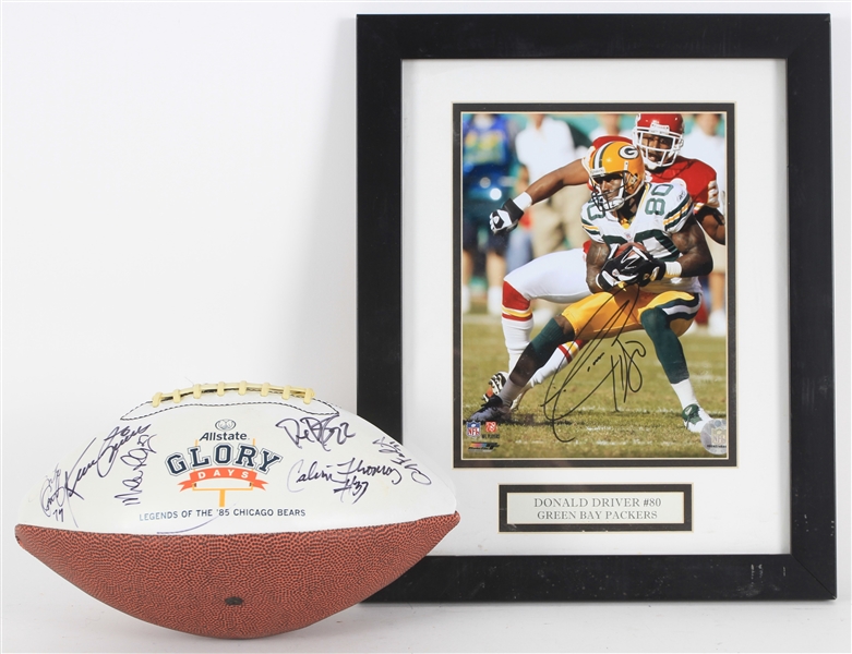 1985 Chicago Bears Multi Signed All State Glory Days Commemorative Football + 13" x 16" Framed Donald Driver Signed Photo Display (JSA)