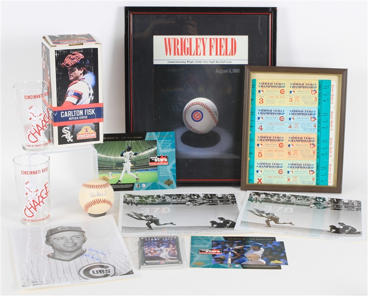 1960s-2000s Baseball Memorabilia Collection - Lot of 12 w/ Stan Musial Signed ONL Coleman, Cincinnati Reds Charge Glasses, Program From 1st Night Game at Wrigley & More