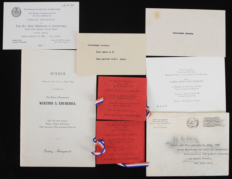 1945-46 Lieutenant Lockery USS Oriskany Launching & Winston Churchill Dinner Invitation - Lot of 7 Pieces 