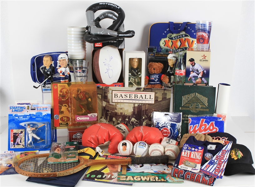 1980s-2000s Sports Memorabilia Collection - Lot of 45 w/ Sugar Ray Leonard Facsimile Signed Boxing Gloves, Super Bowl Items, MOC Figures & More