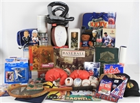 1980s-2000s Sports Memorabilia Collection - Lot of 45 w/ Sugar Ray Leonard Facsimile Signed Boxing Gloves, Super Bowl Items, MOC Figures & More