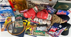 1980's-2000's Sports Memorabilia Collection - Lot of 45 w/ Sugar Ray Leonard Facsimile Signed Boxing Gloves, Super Bowl Items, MOC Figures & More