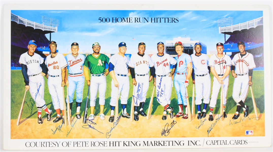 1988 500 Home Run Hitters Mutli Signed 20.5" x 38" Foam Mounted Ron Lewis Lithograph w/ 11 Signatures Including Hank Aaron, Mickey Mantle, Ted Williams, Willie Mays & More (JSA) 
