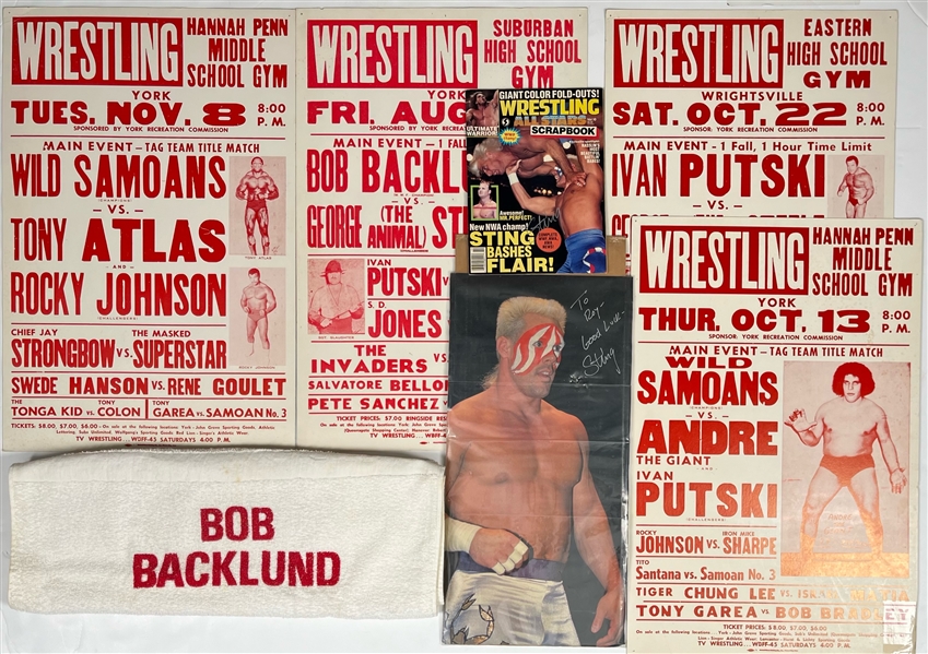 1980s Wrestling Memorabilia Collection - Lot of 7 w/ Bob Backlund WWF Champion Towel, Broadsides and Sting Signed Items (JSA)