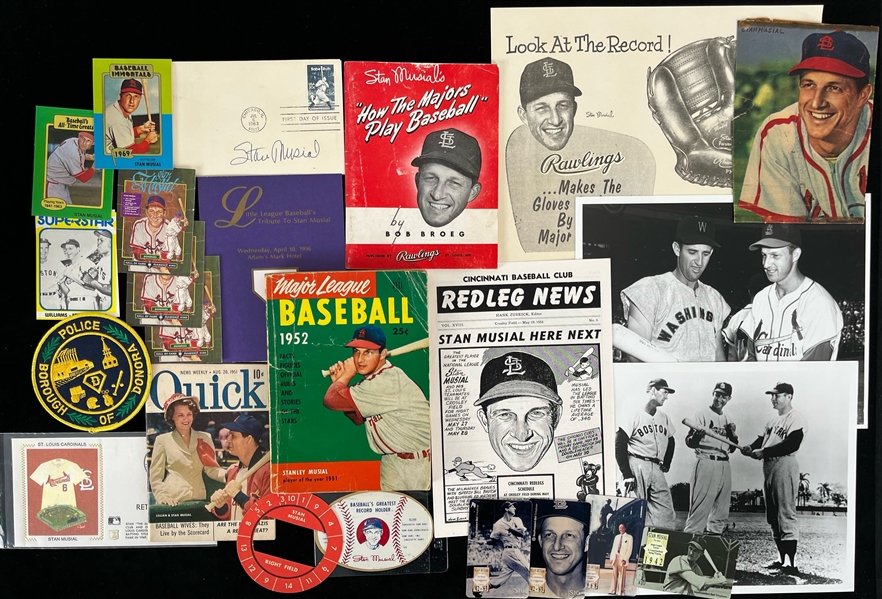 1950s-70s Stan Musial St. Louis Cardinals Memorabilia Collection - Lot of 39 w/ Publications, Photos, Advertisements, Signed First Day of Issue Envelope & More (JSA)