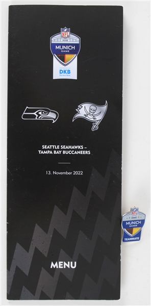 2022 Seattle Seahawks vs Tampa Bay Buccaneers Munich Germany 1" Lapel Pin and Gameday Menu (Lot of 2)