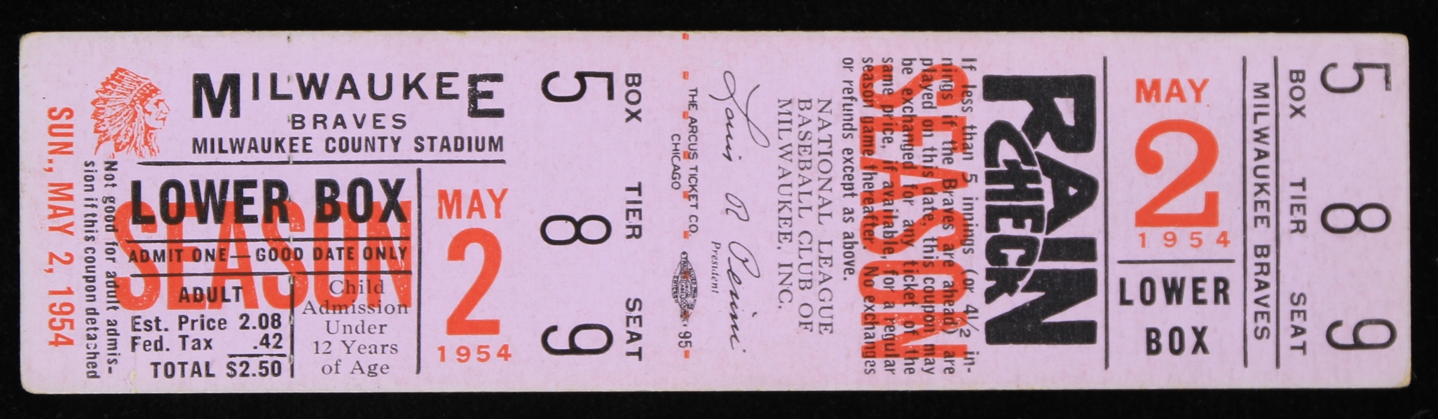 1954 Milwaukee Braves Game Ticket