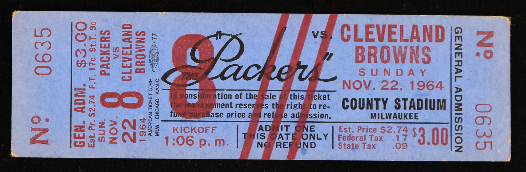 1964 Cleveland Browns vs Green Bay Packers at Milwaukee County Stadium Game Ticket