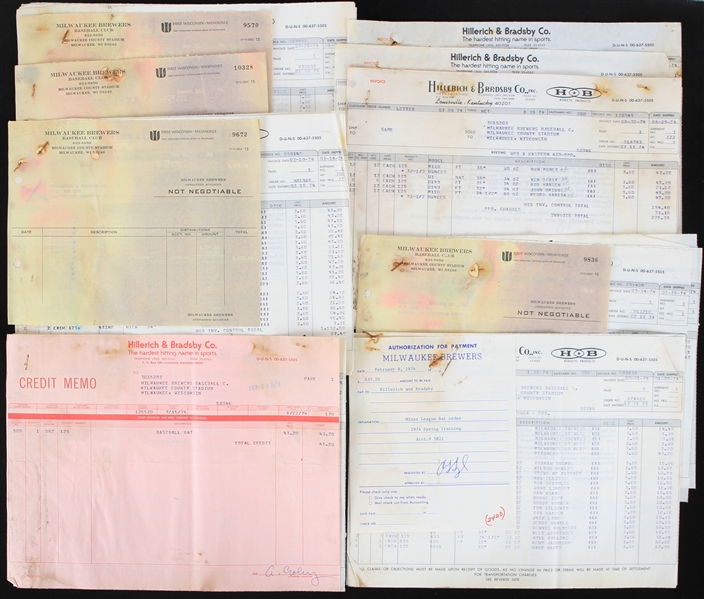 1974 Milwaukee Brewer Bat Invoices and Credit Memos (Lot of 15)