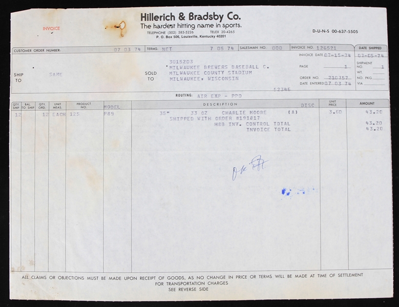 1974 Charlie Moore Milwaukee Brewers Bat Invoice